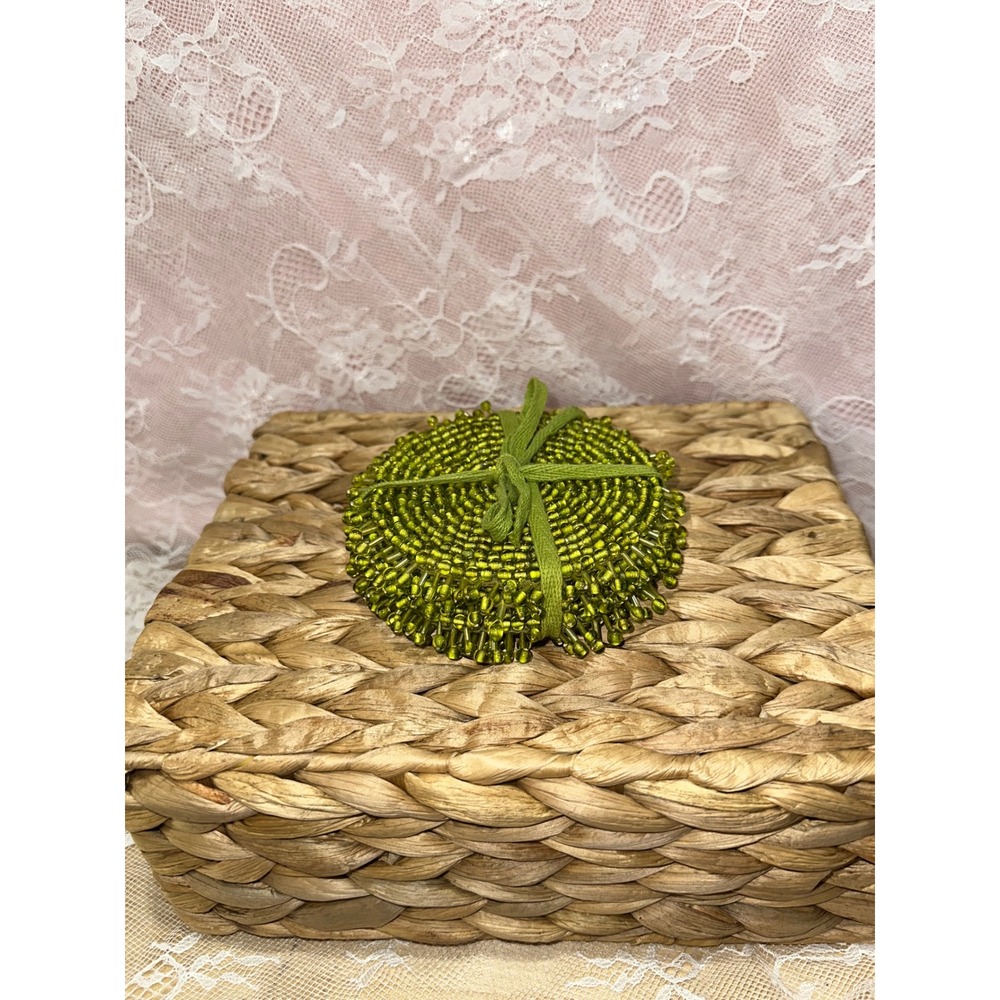Pier 1 inspired set of 6 Olive Green Beaded Coasters Round Handmade‎  Boho Chic